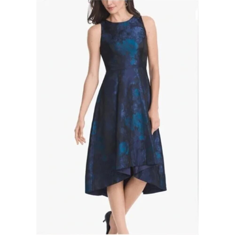 White House Black Market Jacquard Dress Floral Damask Blue High Low Party‎ 4